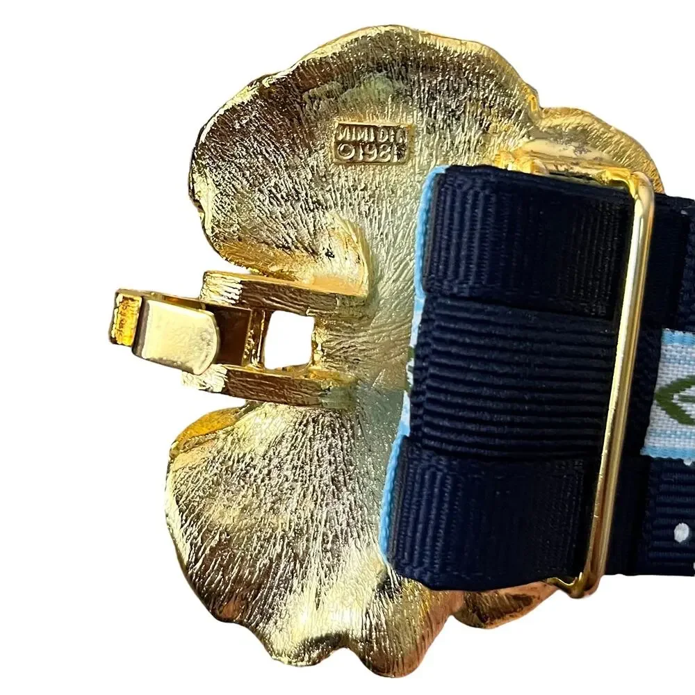 Mimi Di N Vintage Gold-Tone Leaf Buckle with Woven Blue Fabric Statement Belt